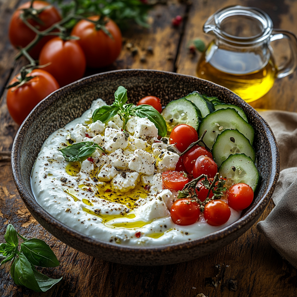 Салат с греческим йогуртом, сыром фета и овощами — рецепт классический в домашних условиях с фото